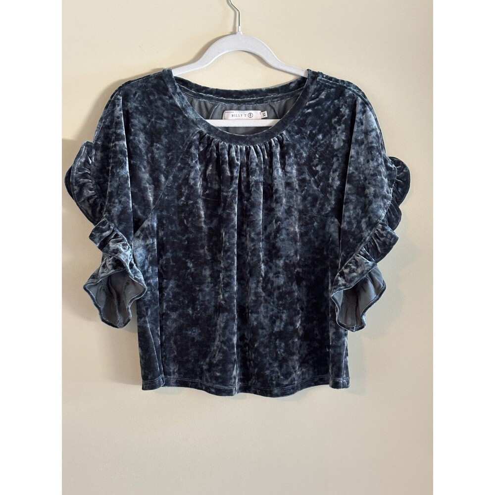 Billy T Womens XS Blue Crushed Velvet Top Ruffle Sleeve Boho Romantic Blouse